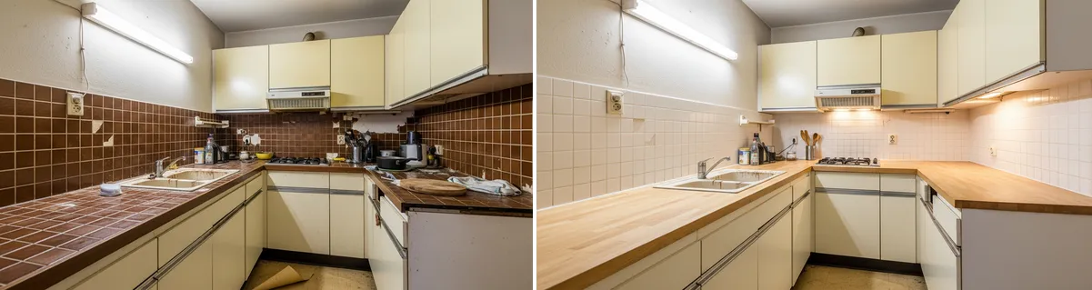 Avant après covering cuisine carrelage marron vers style scandinave blanc bois