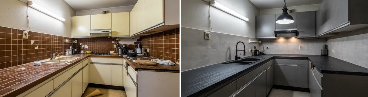 Avant après covering cuisine carrelage marron vers style béton industriel