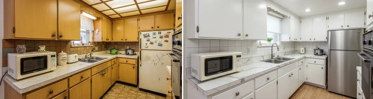 Avant après covering cuisine formica années 80 vers blanc moderne