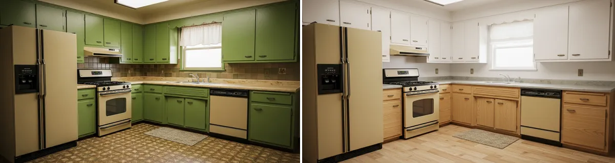Avant après covering cuisine vert avocat années 70 vers style japandi bois chêne