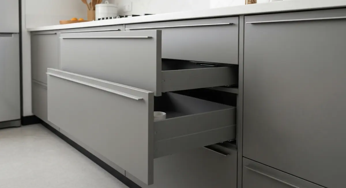 Tiroirs de cuisine modernes recouverts de film adhésif gris mat