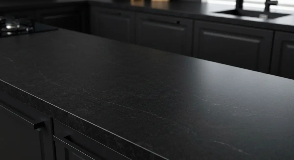 Plan de travail recouvert de film adhésif effet granit noir