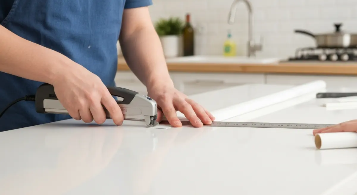 Découpe de film adhésif pour meuble de cuisine avec cutter de précision