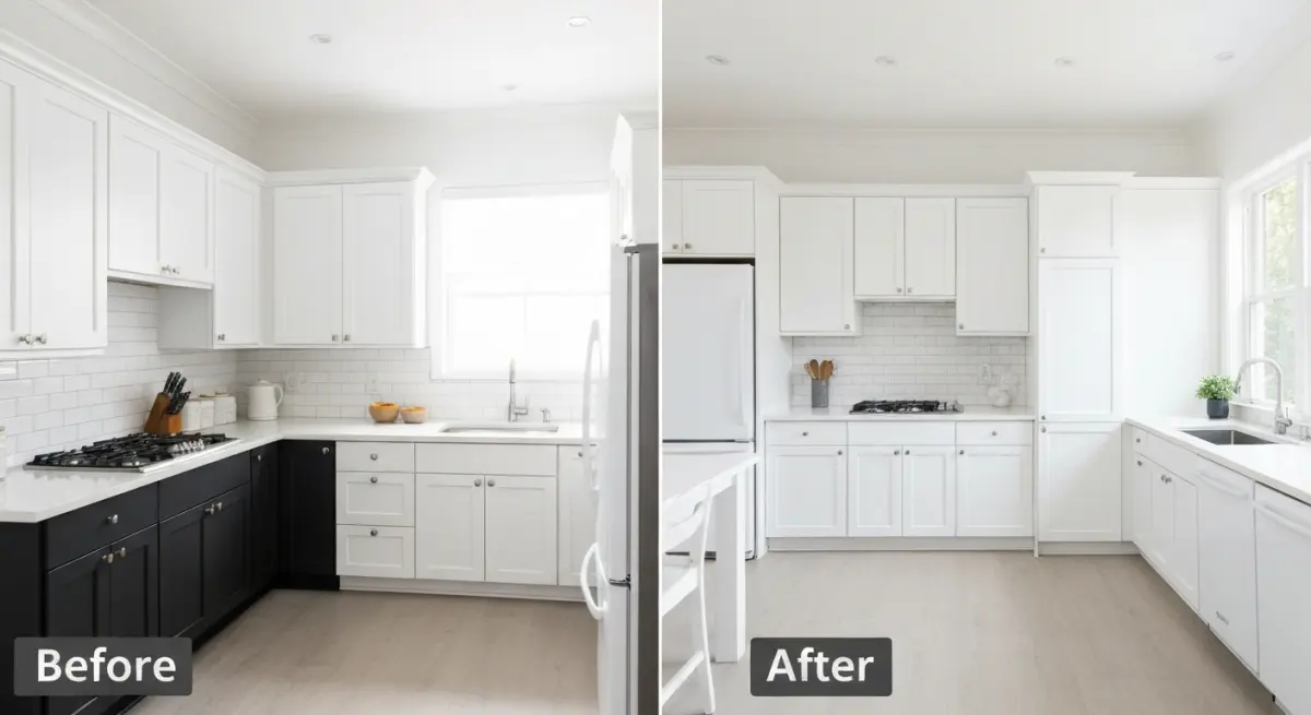 Cuisine rénovée avec covering adhésif blanc sur les façades